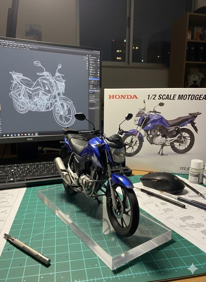 Honda azul com modelagem 3D e desenho técnico