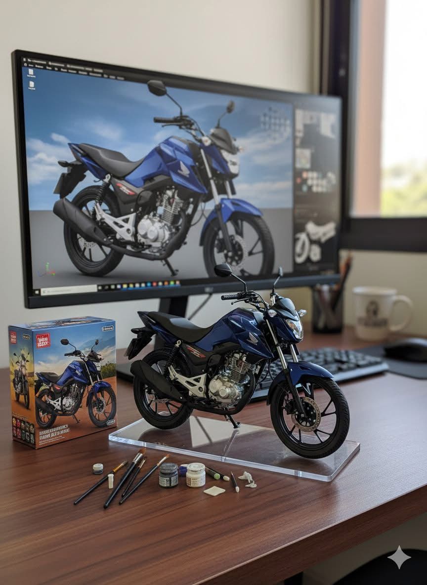 Honda azul com processo completo de modelagem 3D e pintura
