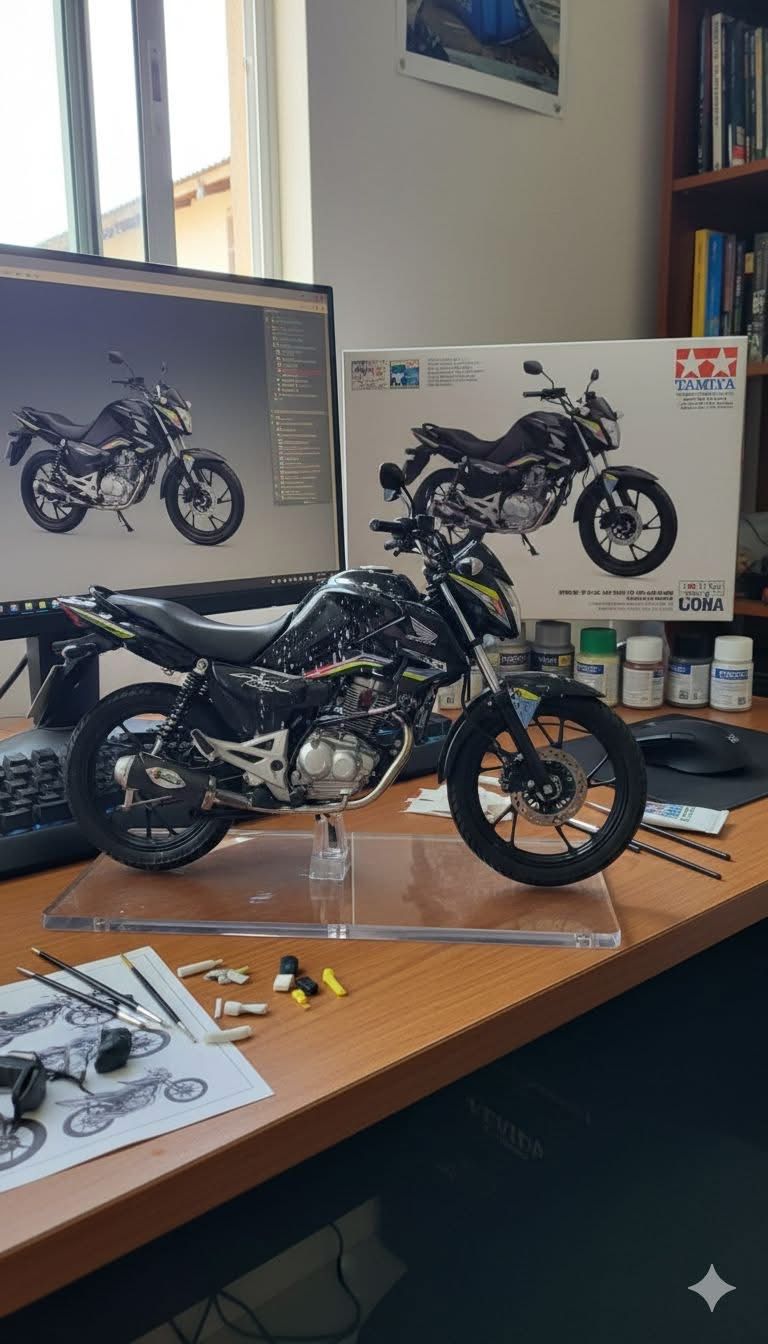 Honda CG preta - miniatura personalizada com kit Tamiya