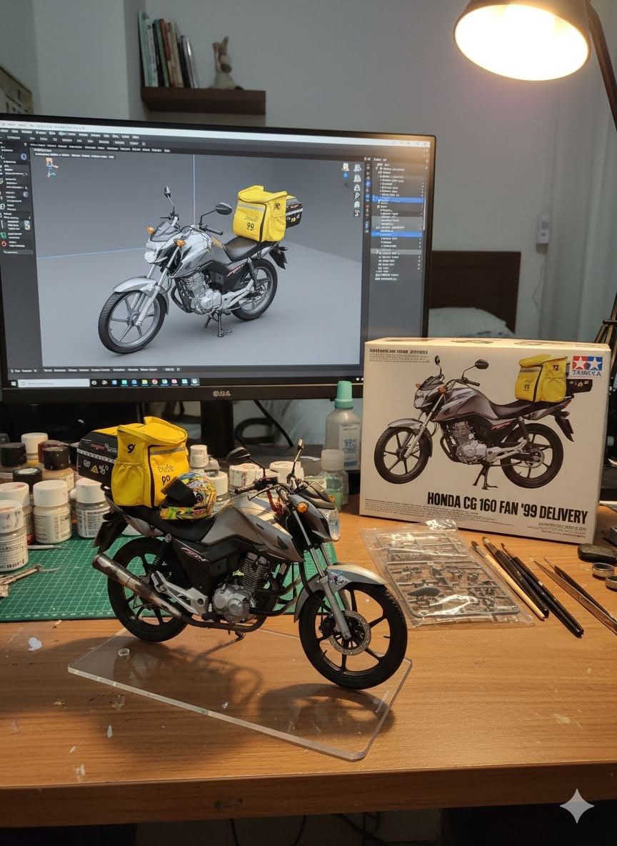 Honda CG 160 Fan com baú de delivery - miniatura 3D personalizada