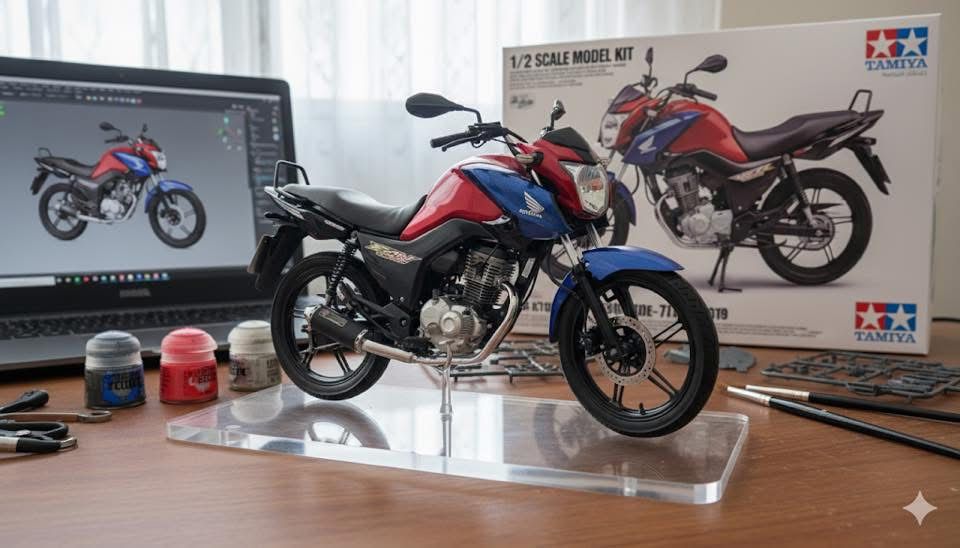 Honda vermelha, branca e azul com kit Tamiya e processo 3D