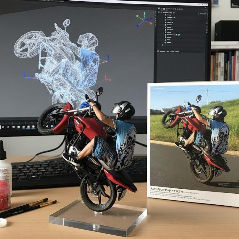 Motocicleta vermelha e azul com casal - miniatura personalizada com pessoas