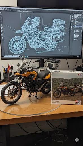 Motocicleta laranja com processo de modelagem 3D completo