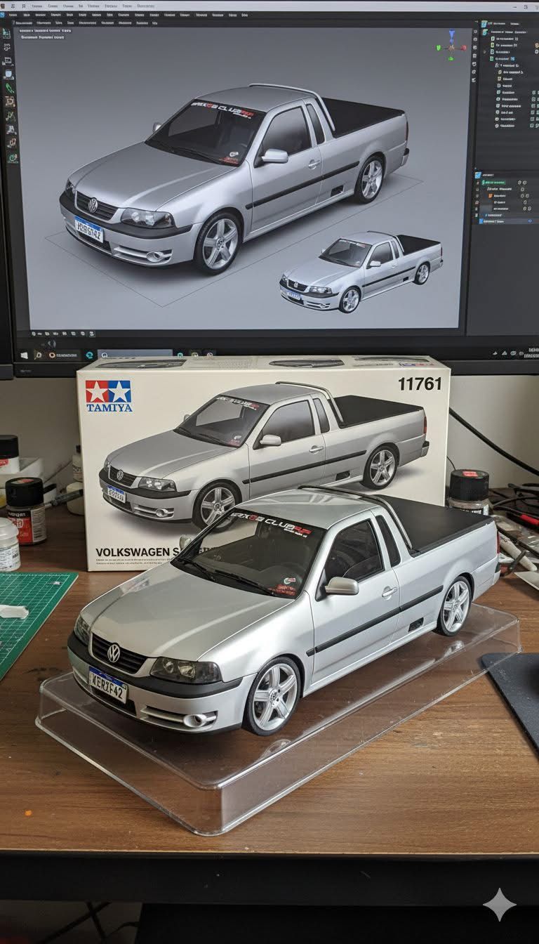 Volkswagen Saveiro prata - miniatura 3D com processo de modelagem